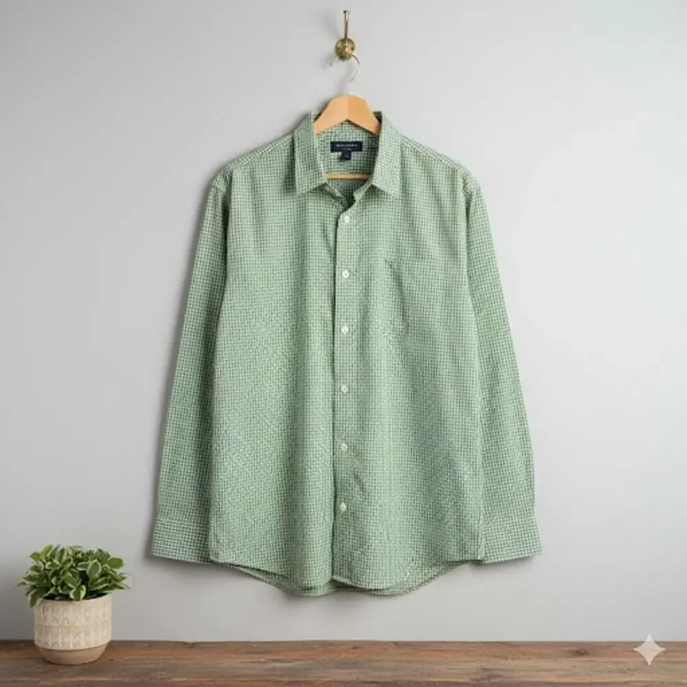 Banana Republic Slim Fit Gingham Button Shirt Green White Cotton XL